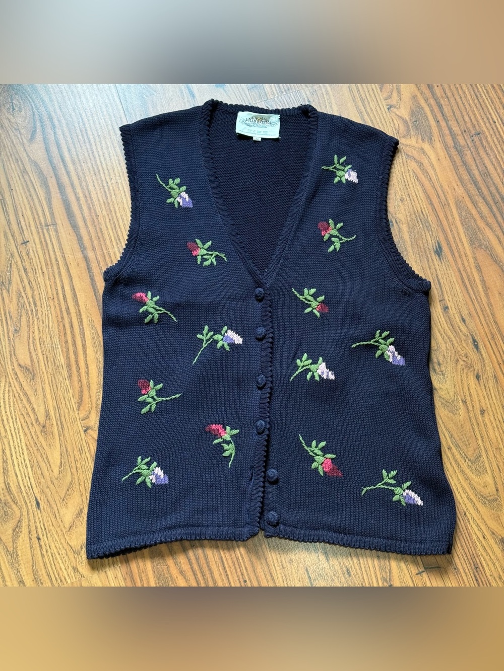 Susan Bristol Navy Knit Sweater Vest with Floral Embroidery